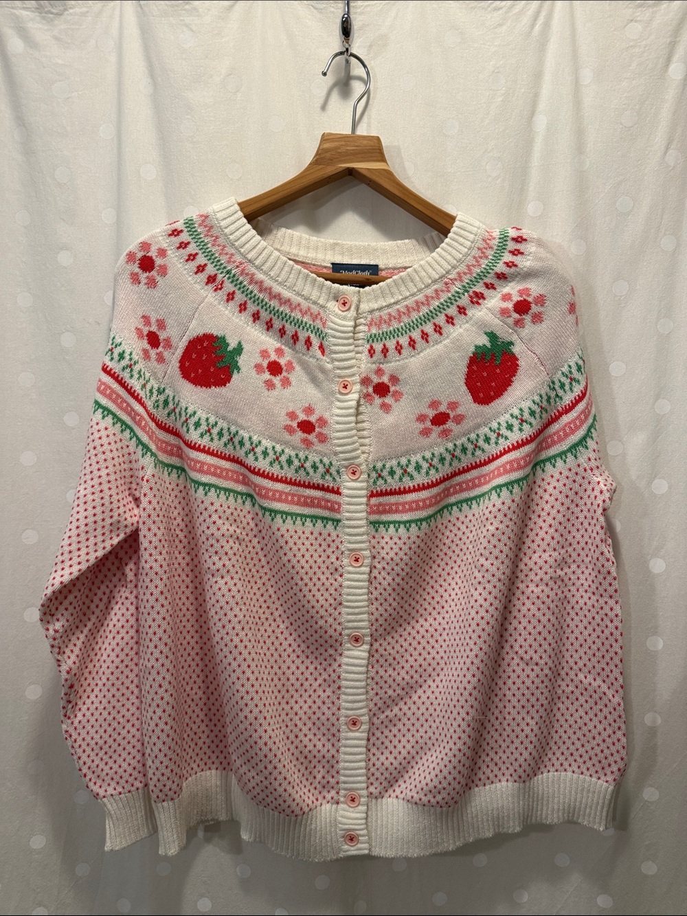 ModCloth Pink Strawberry Knit Cardigan with Green Accents